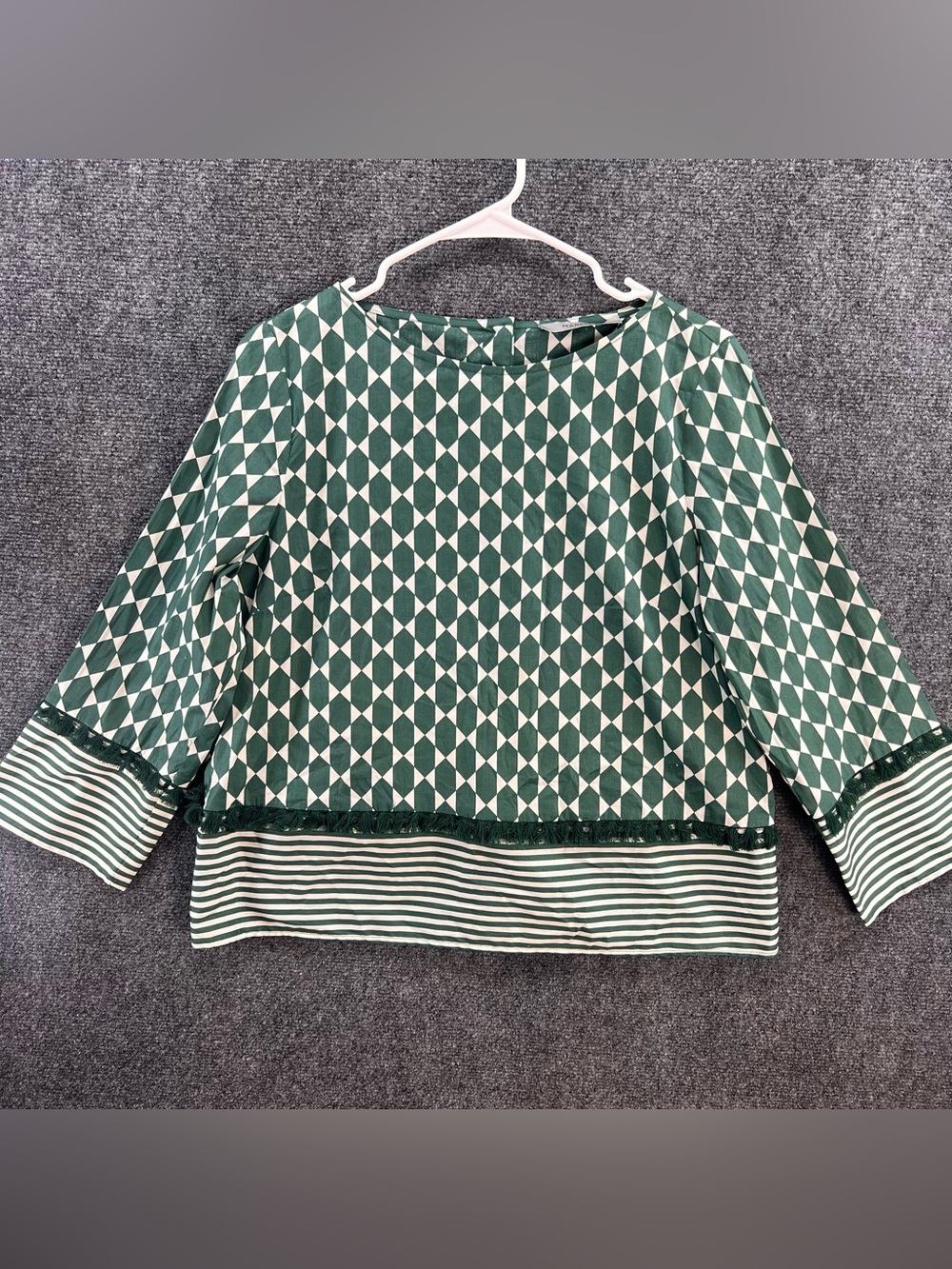 Marella Blouse/Top Size 8 Green/White Diamond Print Fringe Trim Button Back Boho